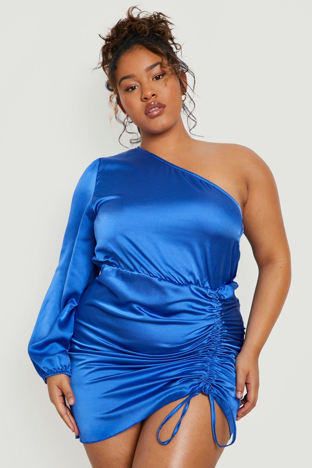 Plus Satin Ruched One Shoulder Mini Dress | boohoo