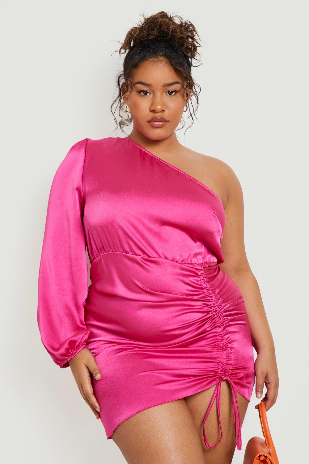 Hot Pink Satin Ruched Bandeau Puff Ball Dress