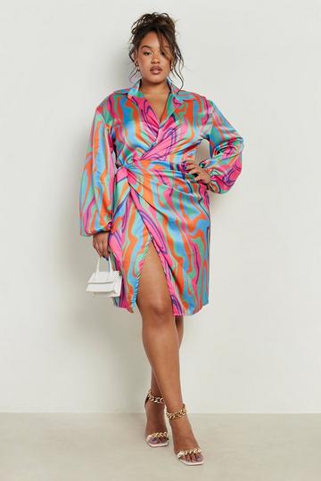 Pink Plus Abstract Animal Satin Wrap Midi Dress