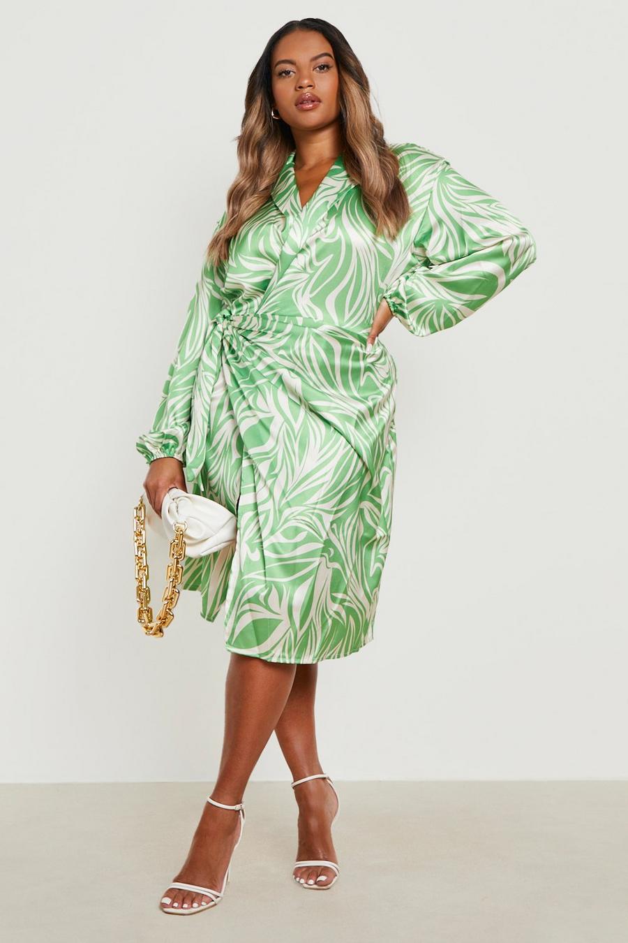 Green Plus Zebra Satin Wrap Midi Dress