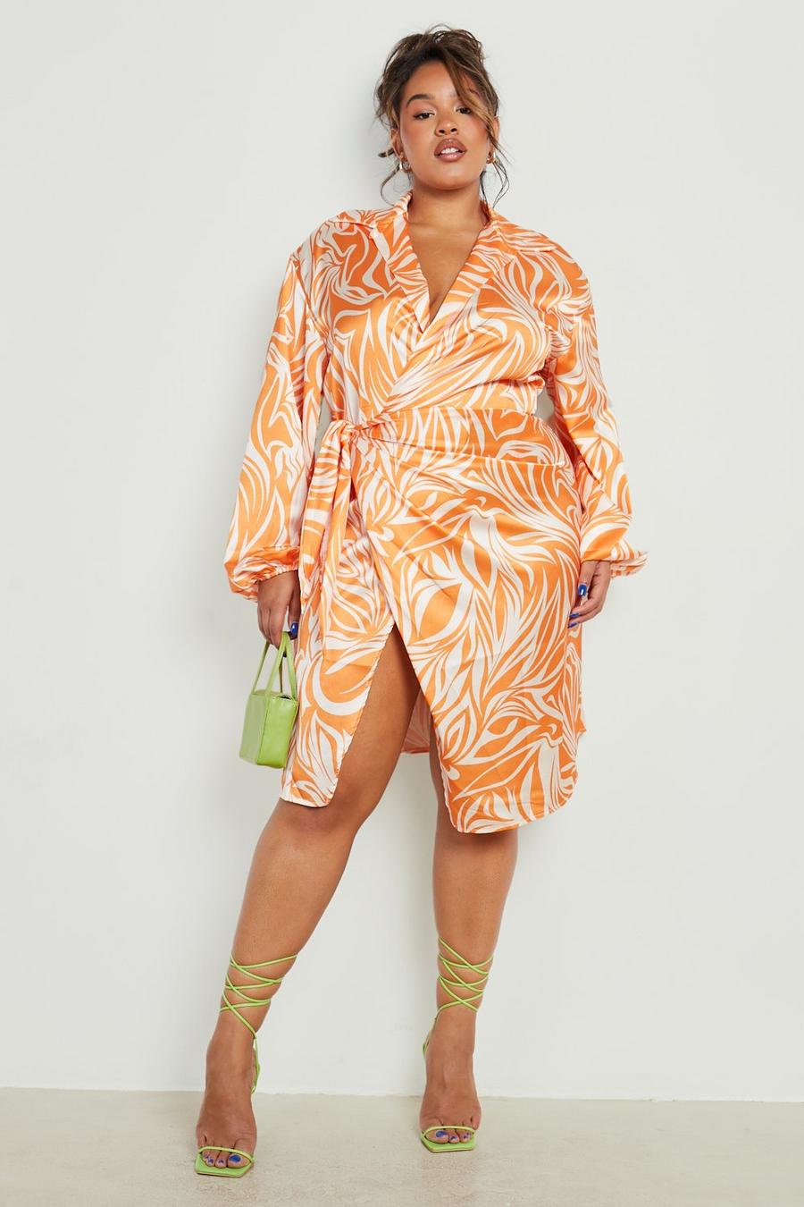 Orange Plus Zebra Satin Wrap Midi Dress image number 1