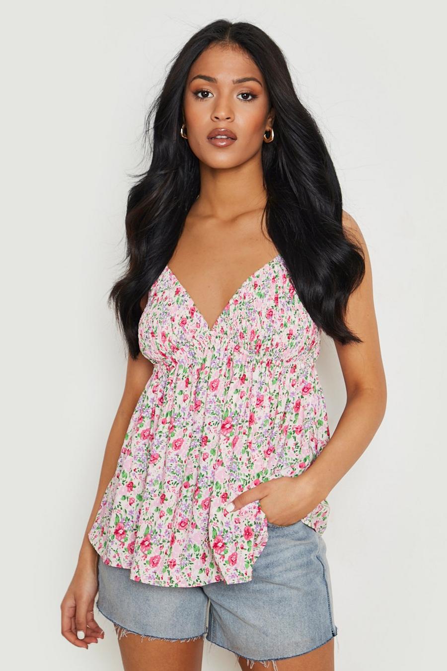 Pink Tall Floral Print Ruffle Detail Cami Top image number 1