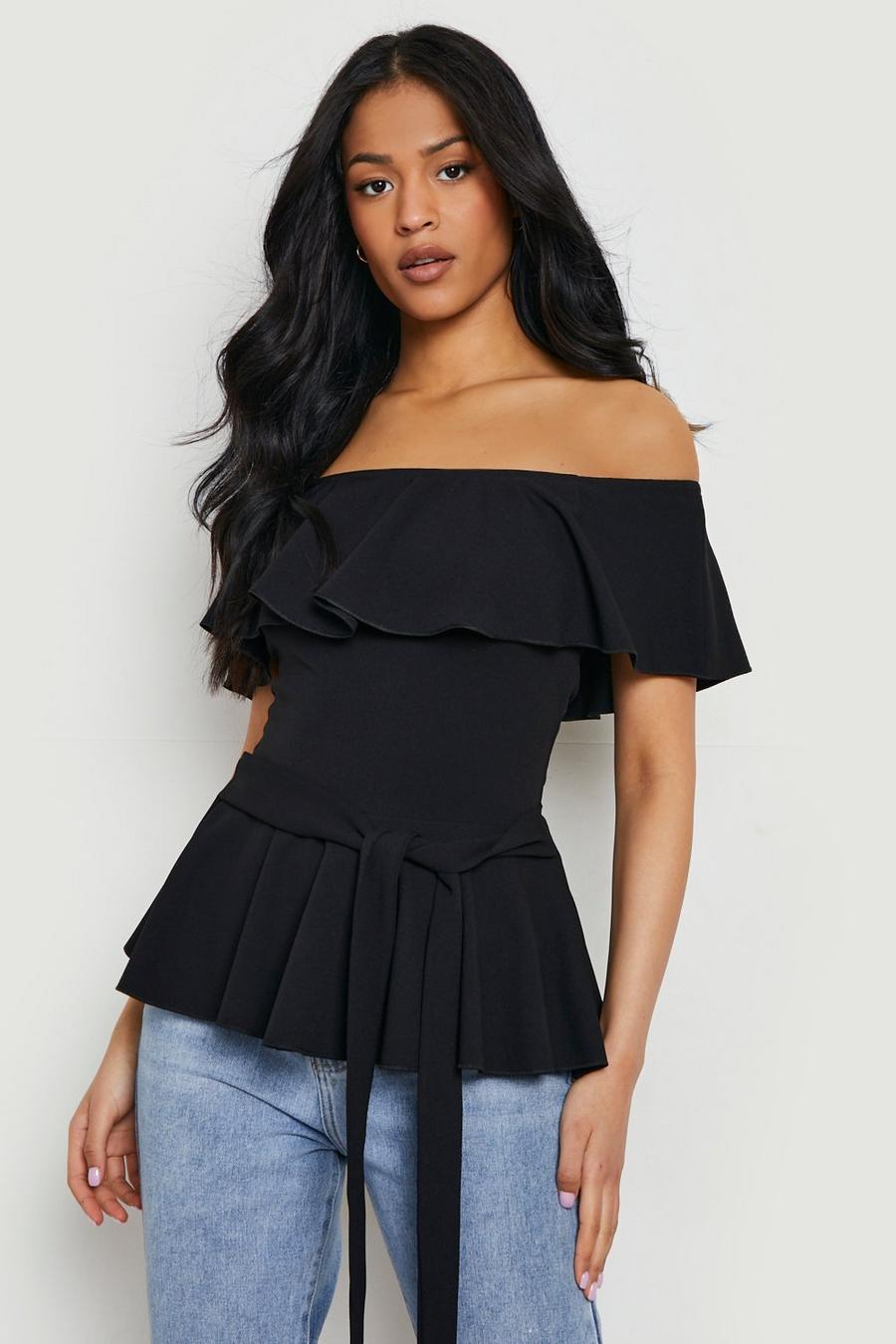 Black Tall Peplum Belted Off The Shoulder Top