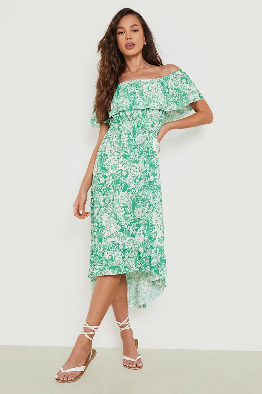 Green Woven Paisley Print Off The Shoulder Maxi Dress image number 1