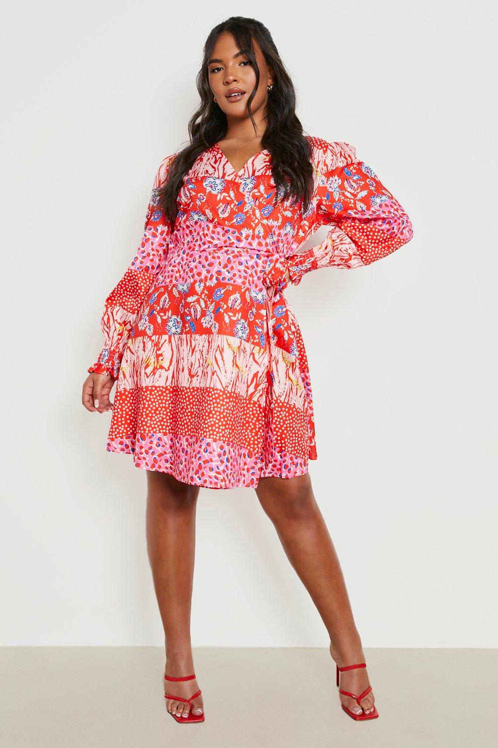 Mixed print wrap store dress