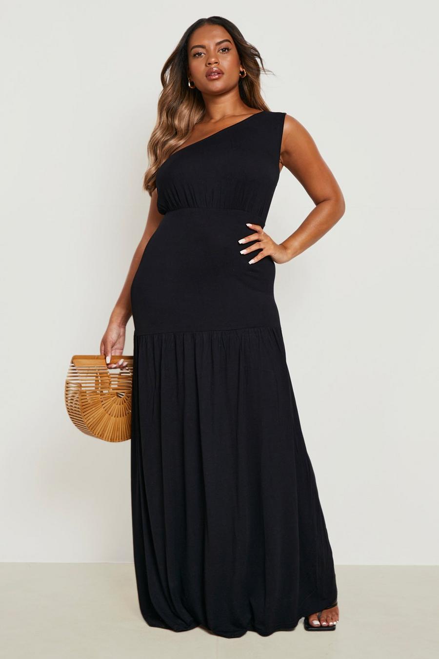 Black Plus Jersey One Shoulder Tiered Maxi Dress
