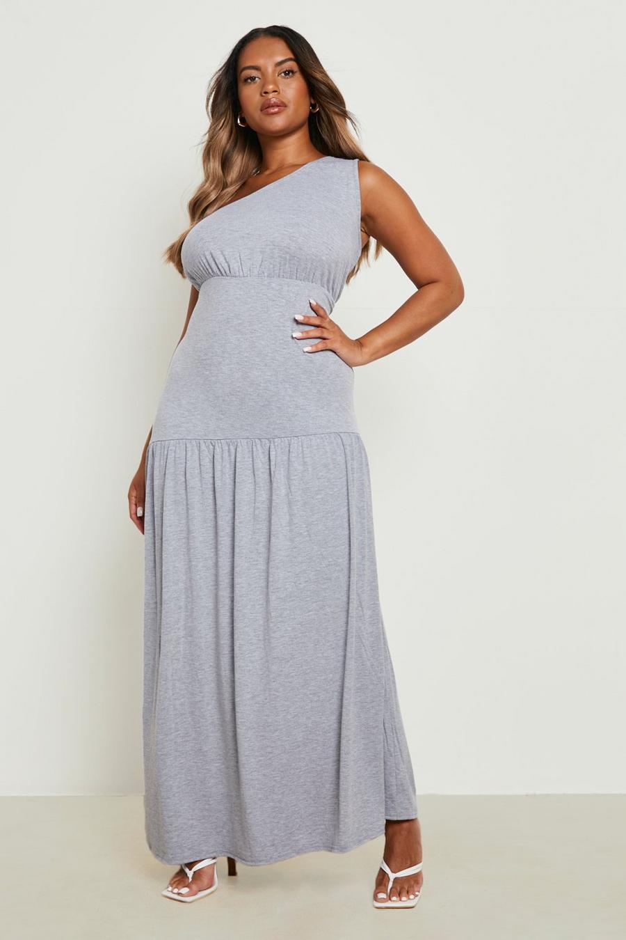 Grey marl Plus Jersey Knit One Shoulder Tiered Maxi Dress image number 1