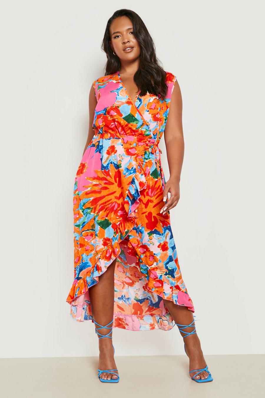 Multi Plus Abstract Floral Woven Ruffle Midi Dress image number 1
