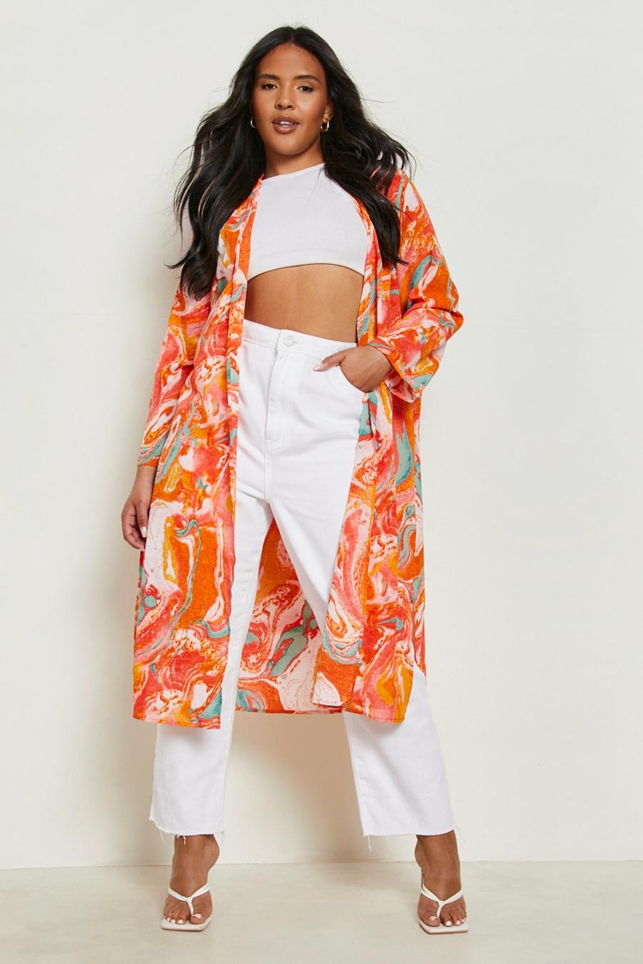 Plus Midi-Kimono mit Marmor-Print, Red