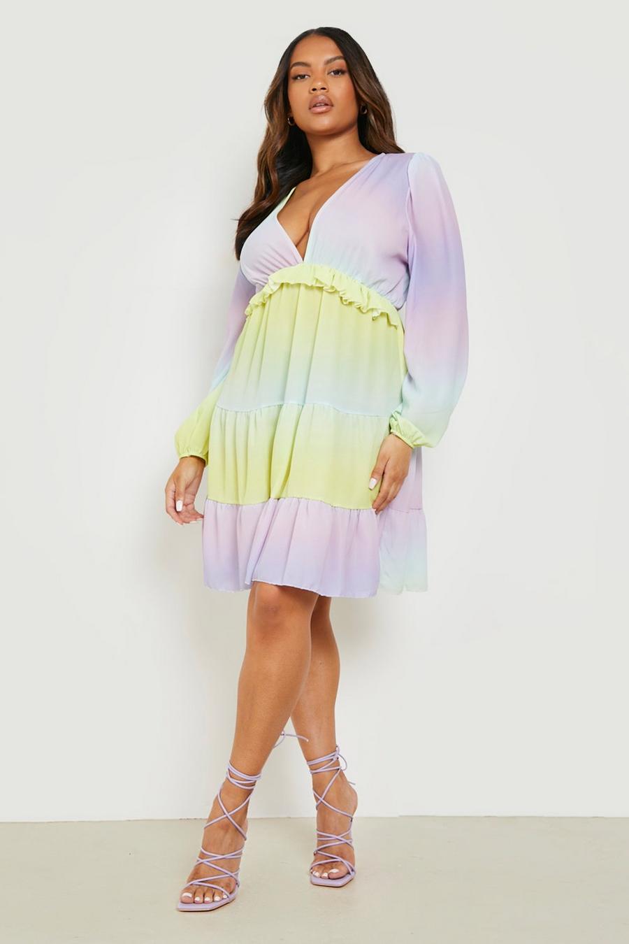Multi Plus Ombre Ruffle Waist Smock Dress image number 1