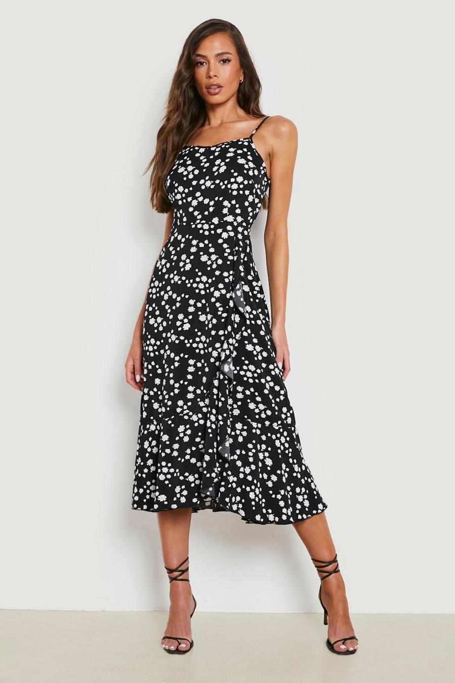 Black Floral Ruffle Strappy Midaxi Dress