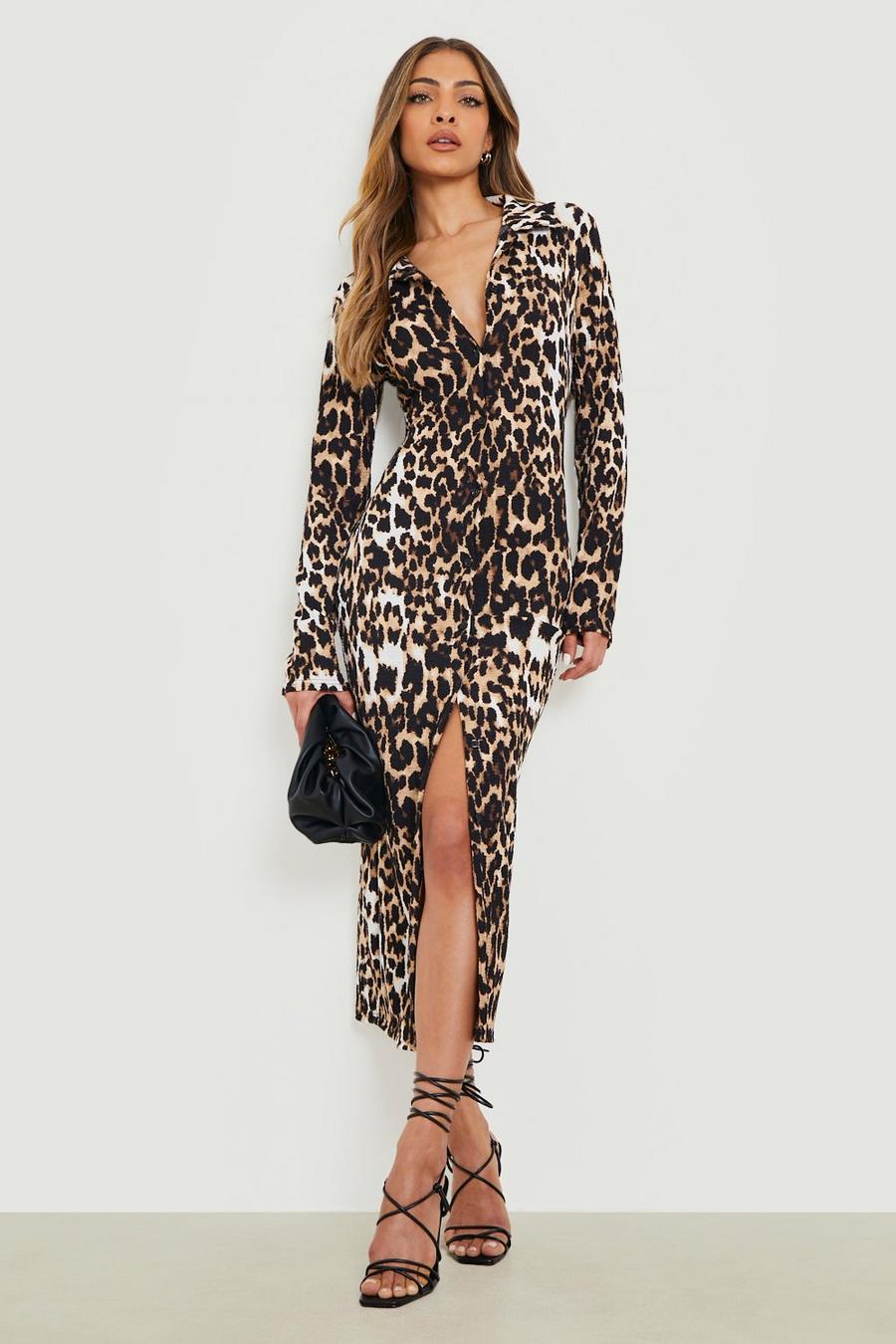 Brown Textured Midi Shirt Dress Leopard Print image number 1
