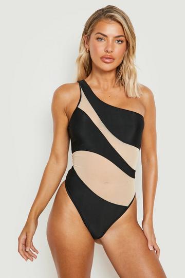 Mesh Insert One Shoulder Swimsuit black