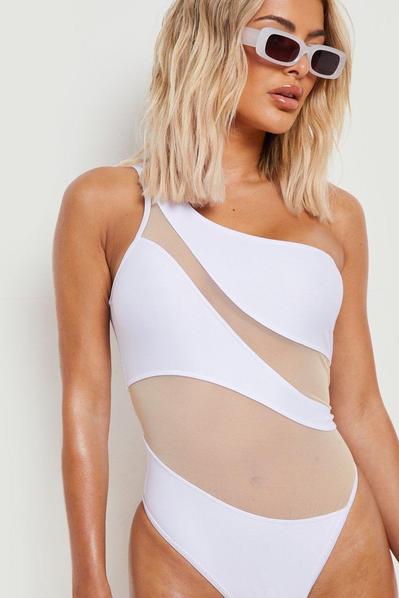 Mesh Insert One Shoulder Swimsuit