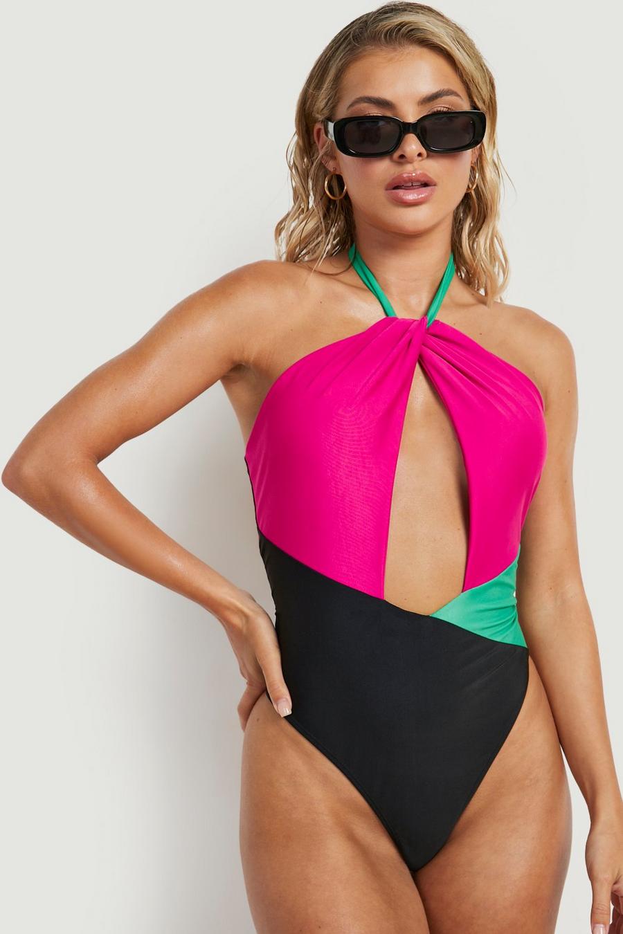 Pink Colour Block Cut Out Plunge Swimsuit