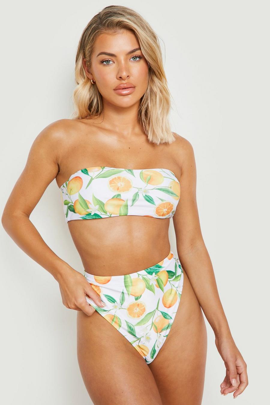 Top bikini a fascia con stampa di arance, White bianco image number 1