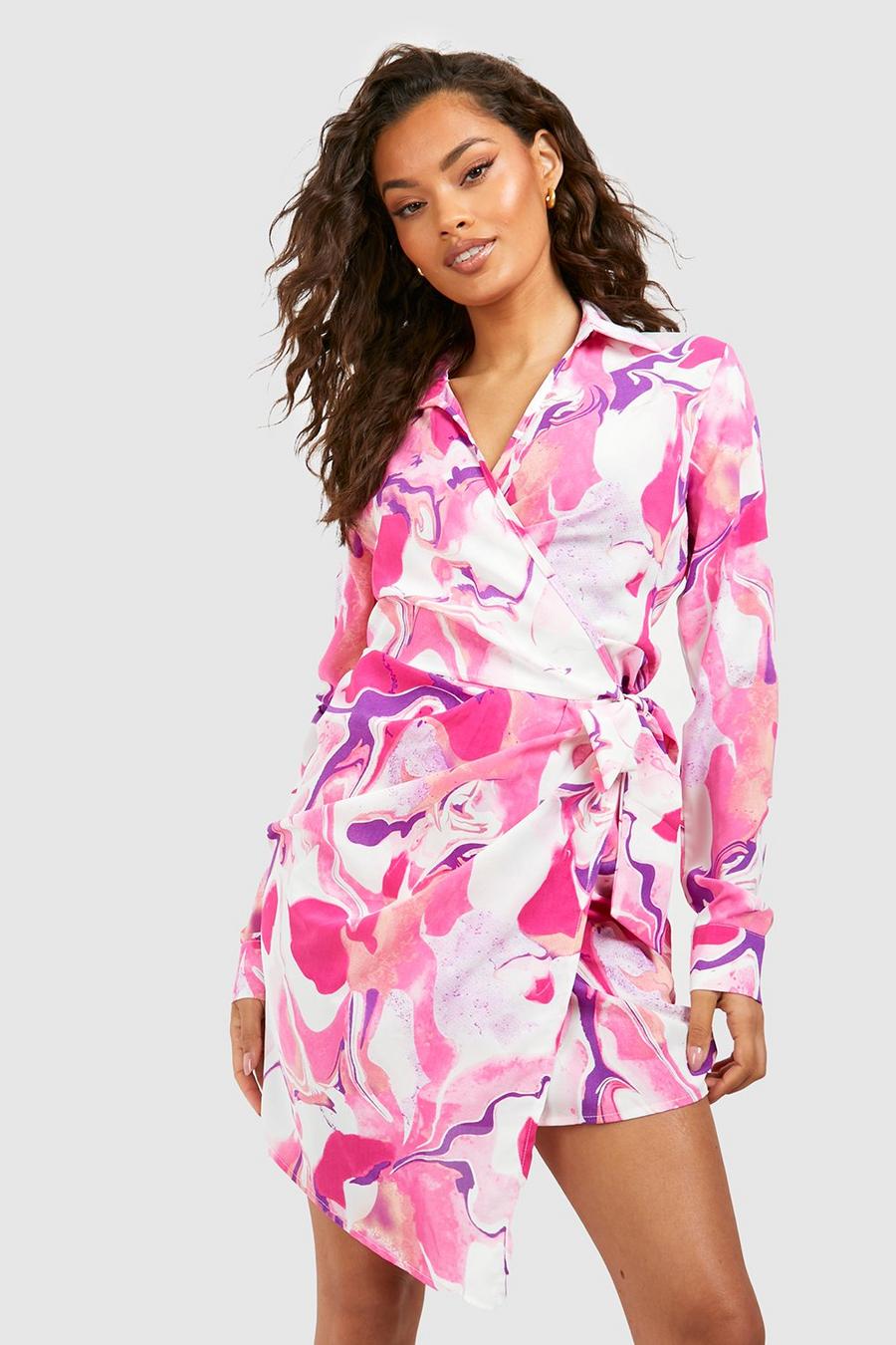 Hemd-Kleid mit Marmor-Print, Pink