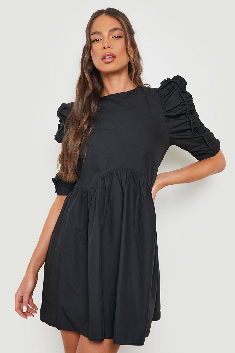 Black Woven Puff Sleeve Smock Dress image number 1