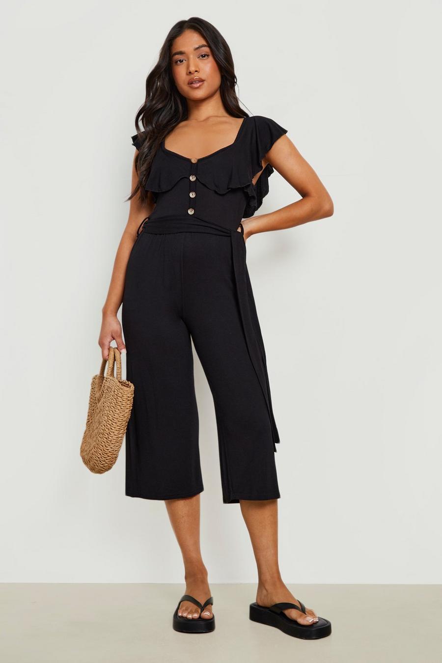 Black Petite Ruffle Belted Culotte Jumpsuit image number 1