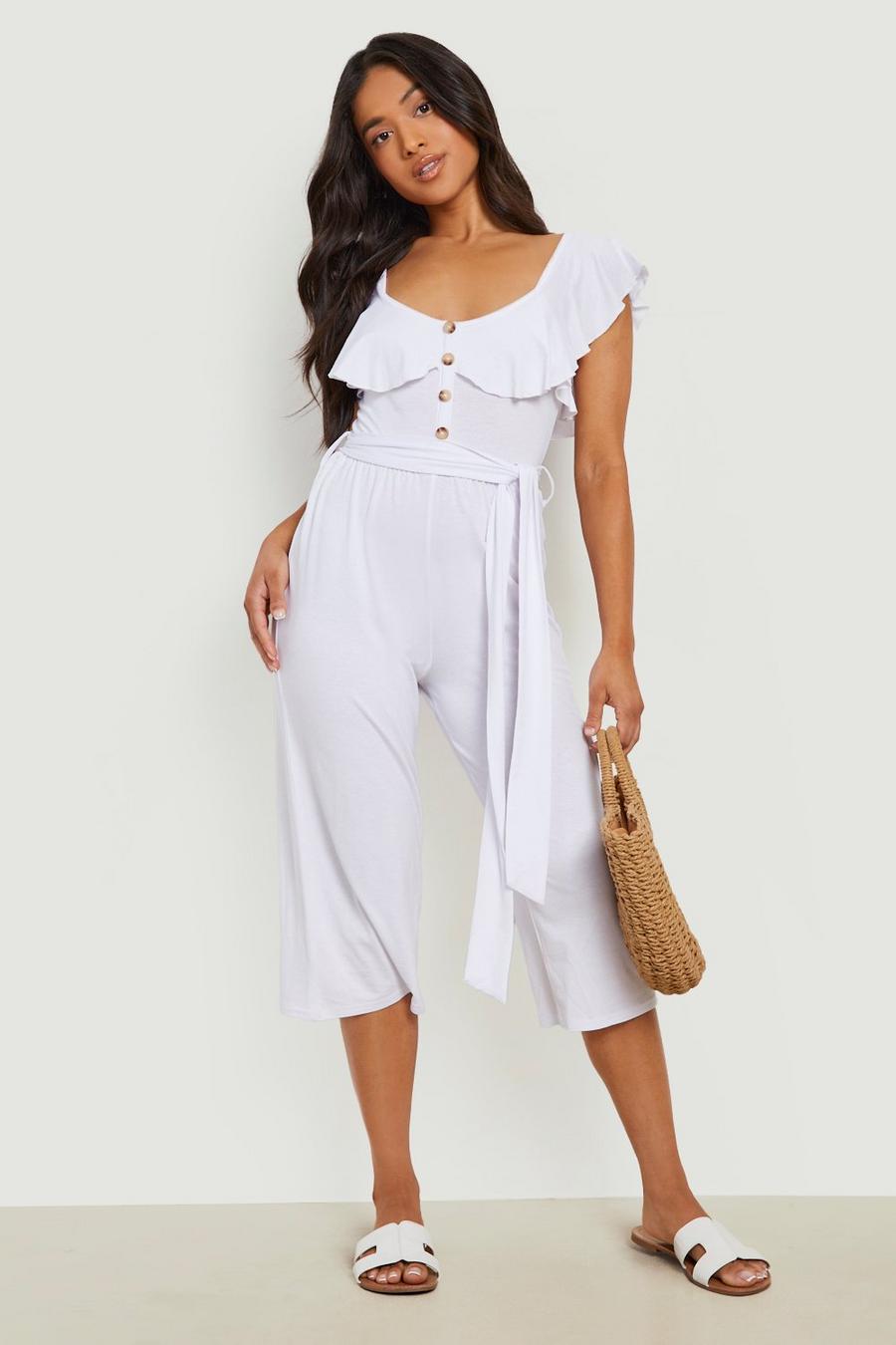 White Petite Ruffle Belted Culotte Jumpsuit  image number 1