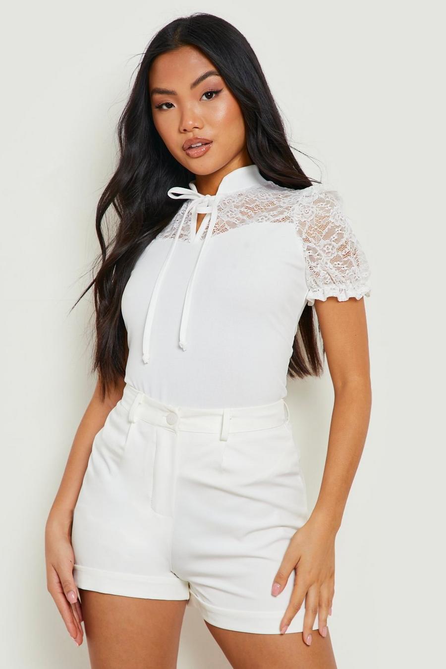 White Petite Tie Front Lace Detail Blouse image number 1