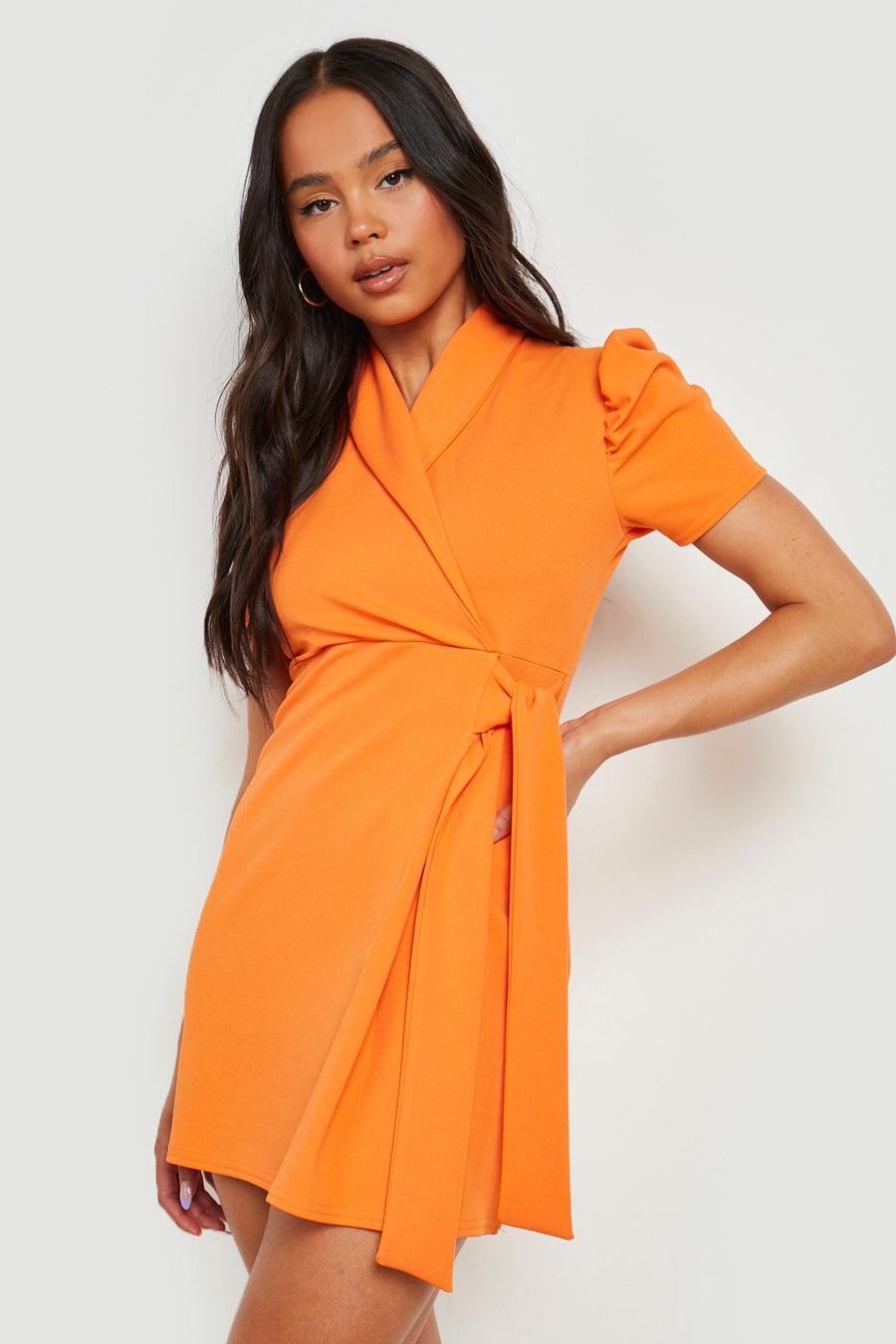 Orange Petite Puff Sleeve Wrap Blazer Dress  image number 1