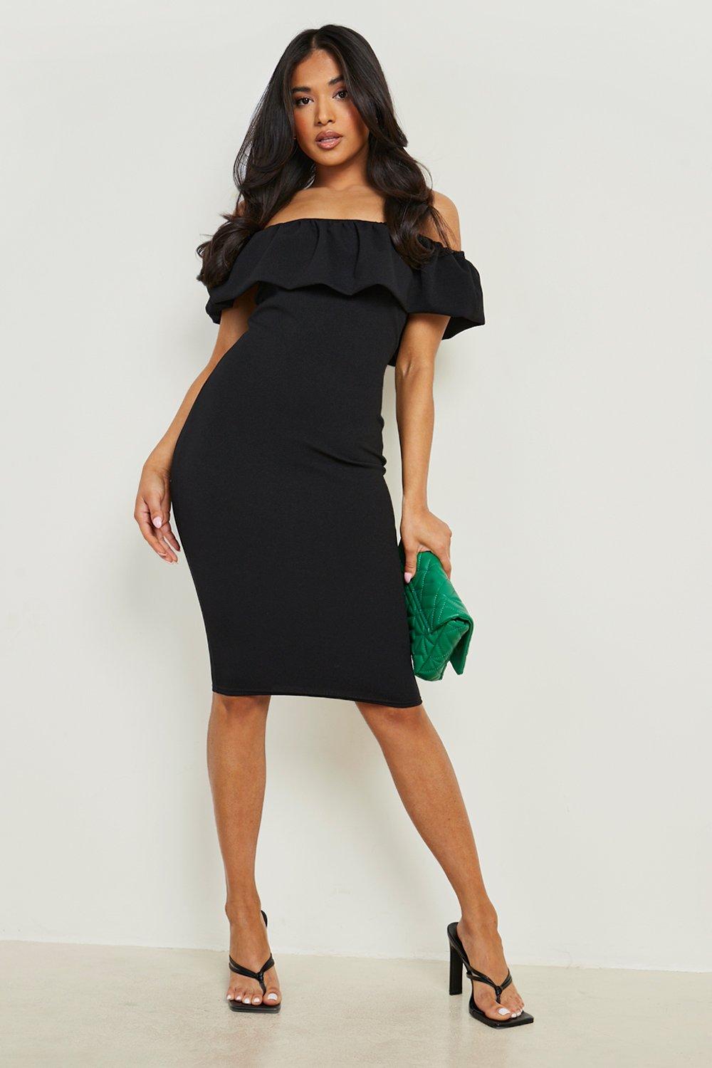 Boohoo petite bardot wrap bodycon midi 2024 dress in black