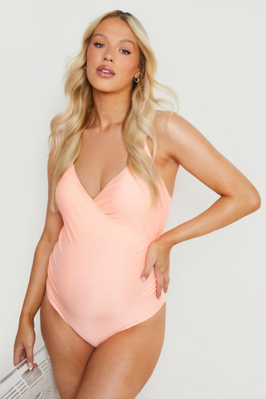 Peach orange Maternity Bump Control Wrap Over Swimsuit image number 1