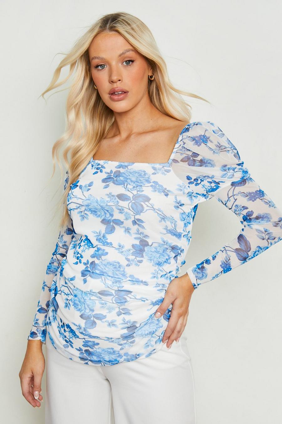 Blue Maternity Floral Mesh Puff Sleeve Top image number 1