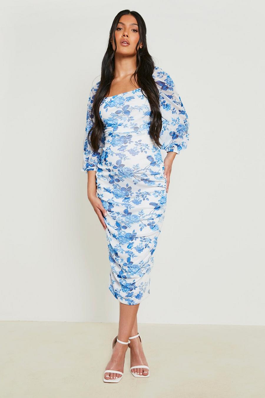 Blue Maternity Floral Puff Sleeve Mesh Midi Dress