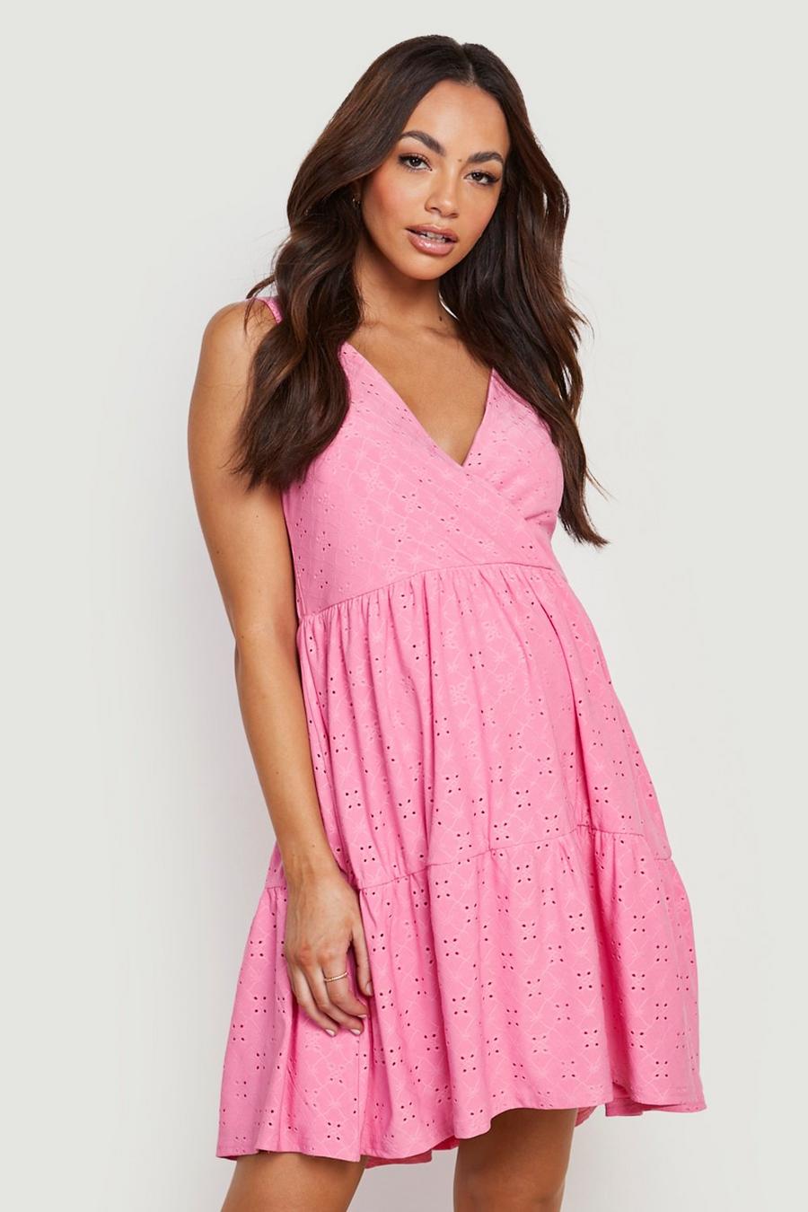 Pink Maternity Broderie Tiered Smock Dress