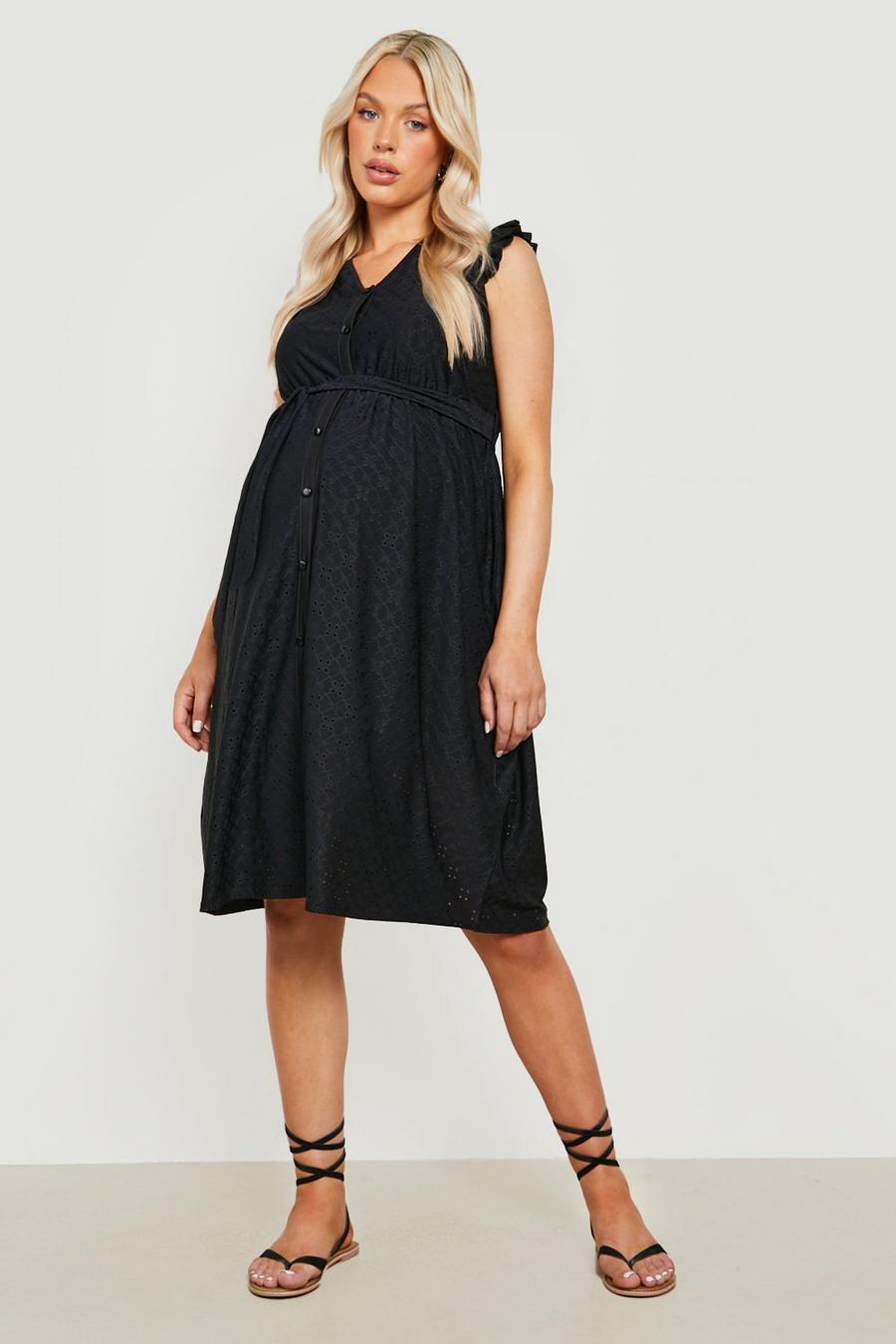 Black Maternity Broderie Button Down Midi Dress image number 1