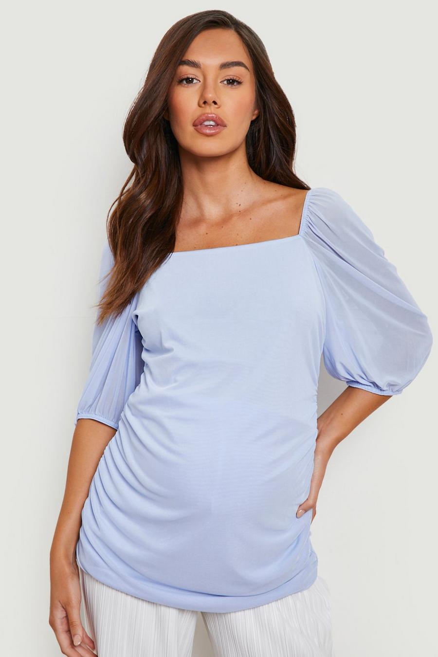 Baby blue Maternity Puff Sleeve Mesh Top