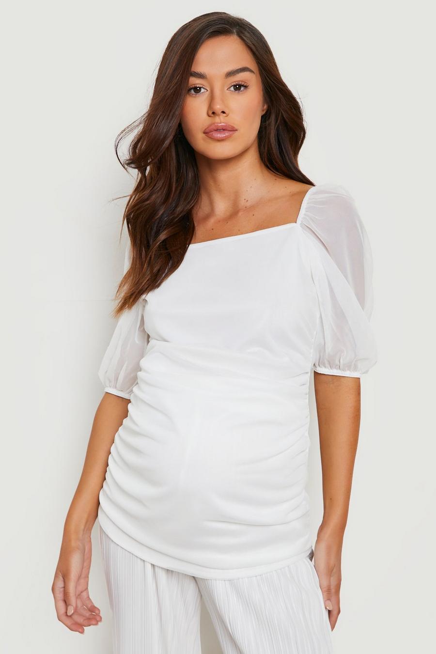 White Maternity Puff Sleeve Mesh Top image number 1