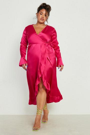 Fuchsia Pink Plus Satin Ruffle Wrap Dress