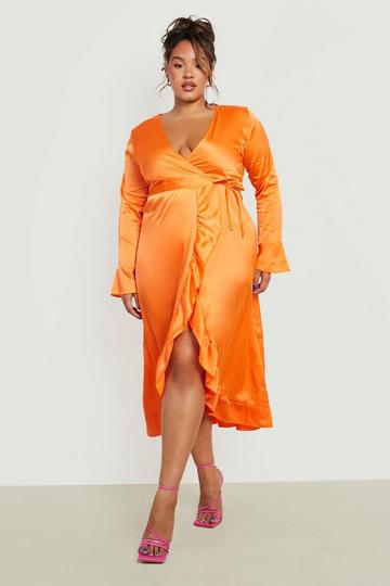 Terracotta Orange Plus Satin Ruffle Wrap Dress