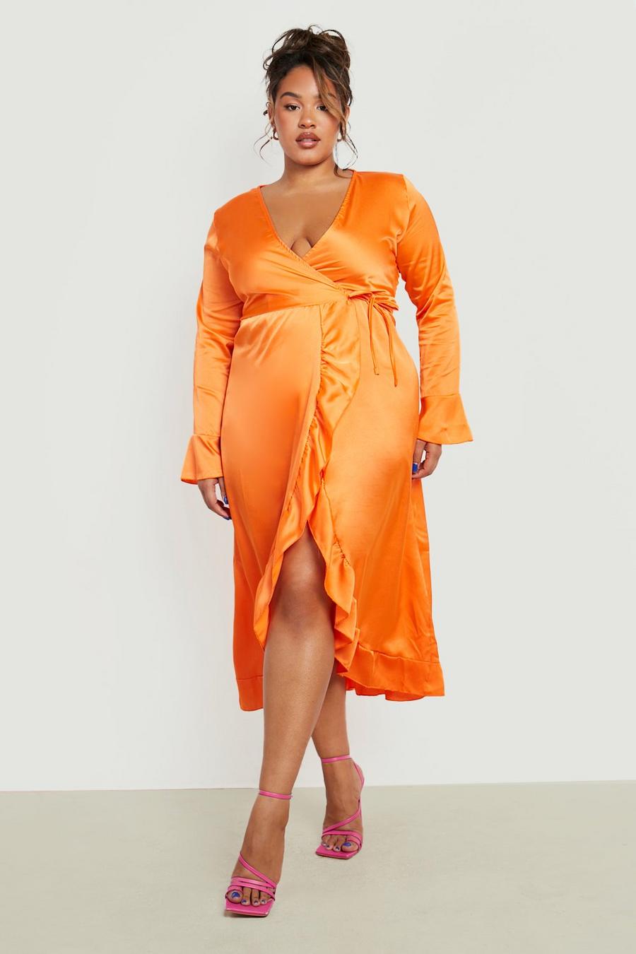 Grande taille - Robe portefeuille satinée à détails volantés, Terracotta orange