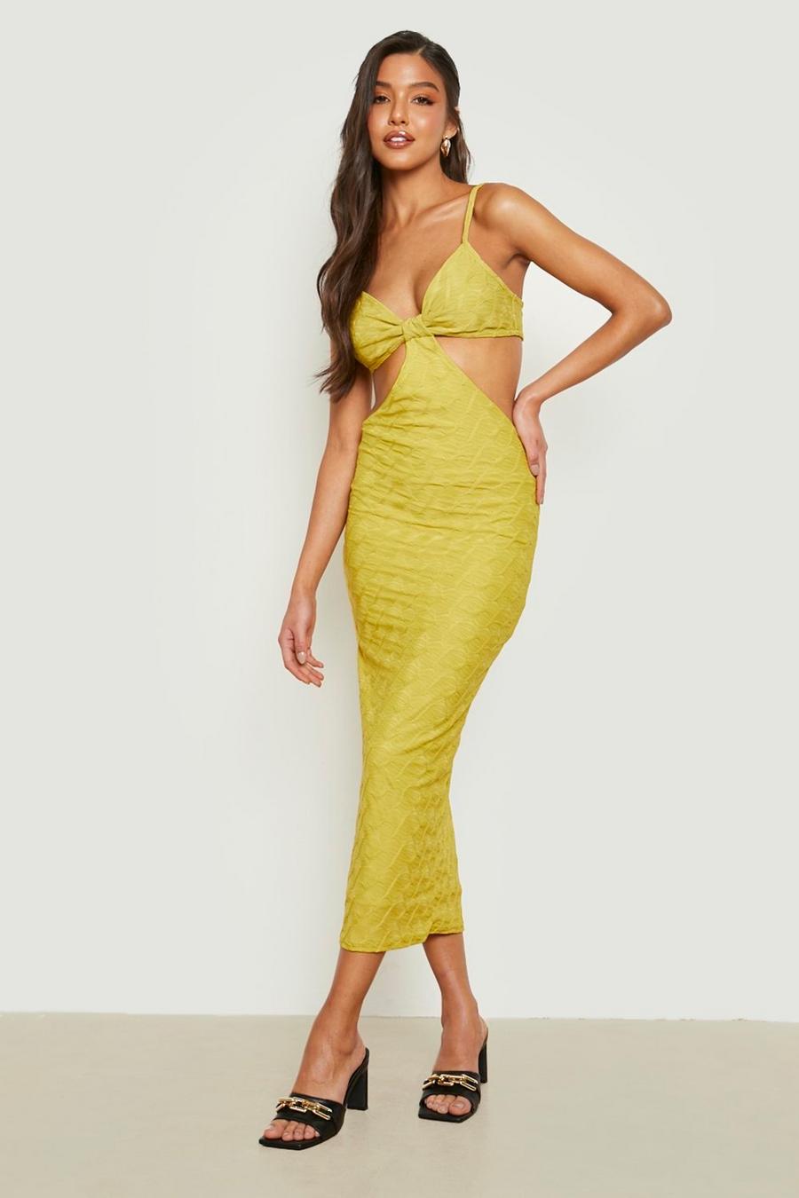 Chartreuse yellow Textured Strappy Midaxi Dress