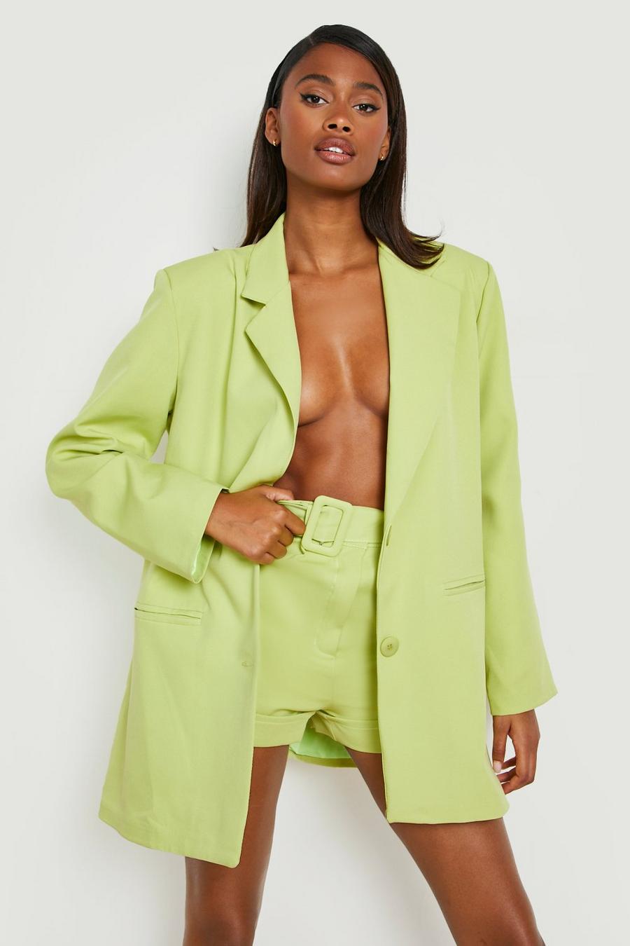 Lime Self Fabric Belted Turn Up Shorts  image number 1