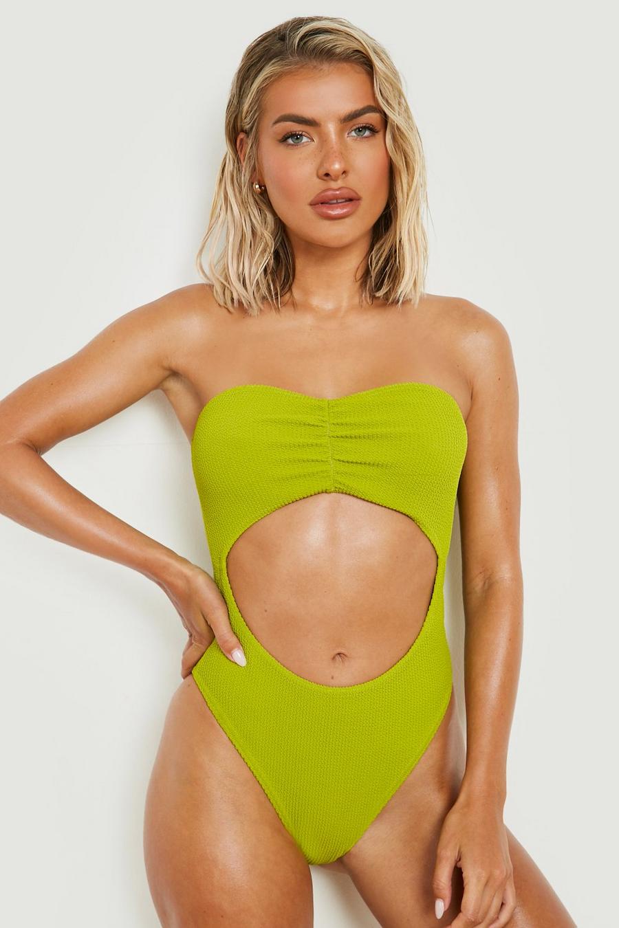 Olive Crinkle Cut Out Bandeau Swimsuit image number 1