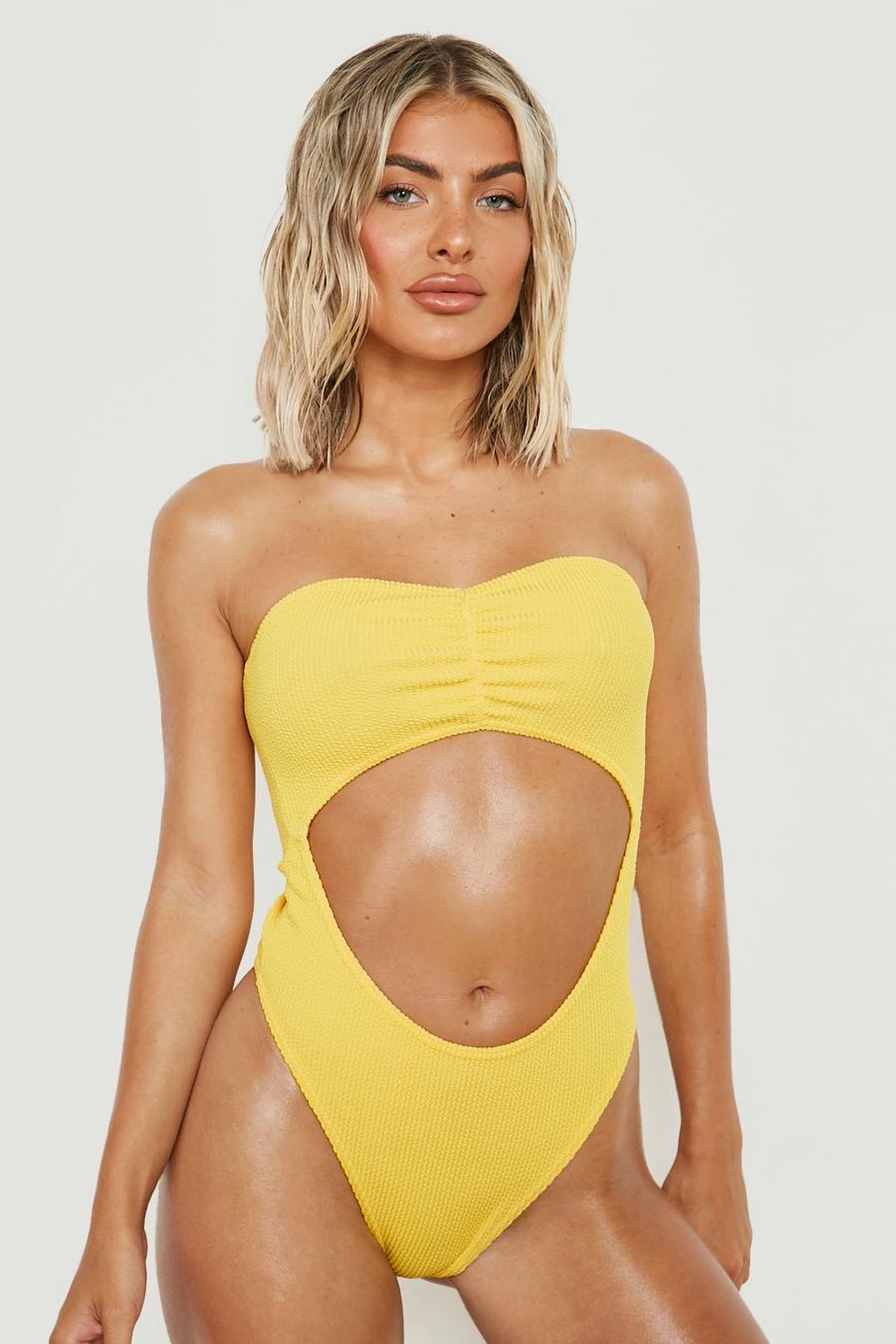 Yellow Crinkle Cut Out Bandeau Swimsuit image number 1