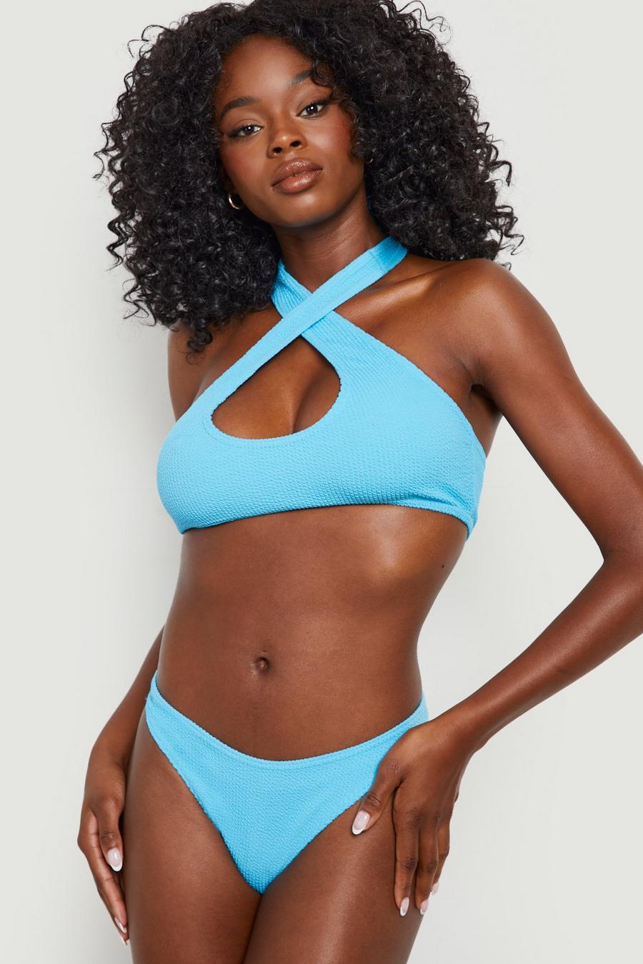 Aqua blue Crinkle Cross Front Halter Bikini Top