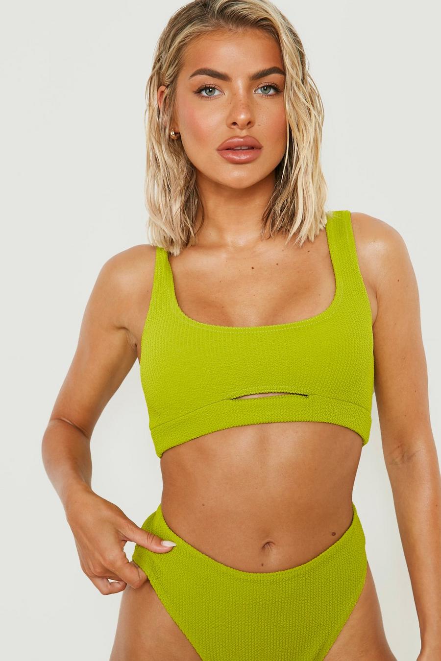Olive green Gekreukelde Cut Out Bikini Top Met Lage Ronde Hals