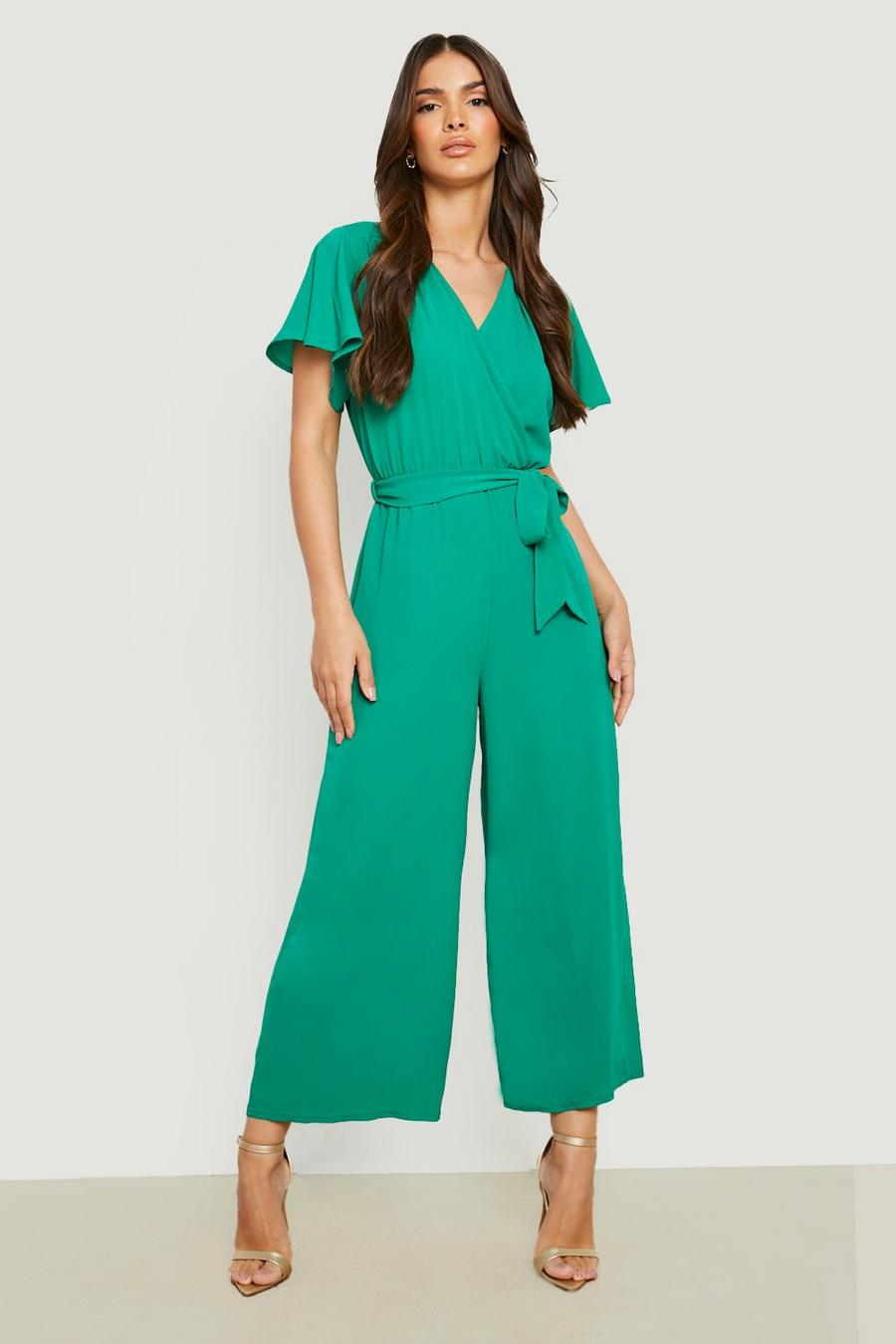 Green Flare Sleeve Culotte Jumpsuit