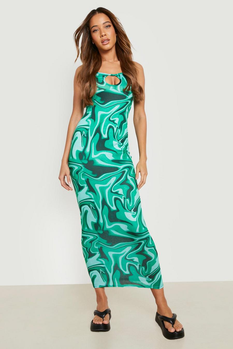 Green Keyhole Strappy Maxi Dress Swirl Print image number 1