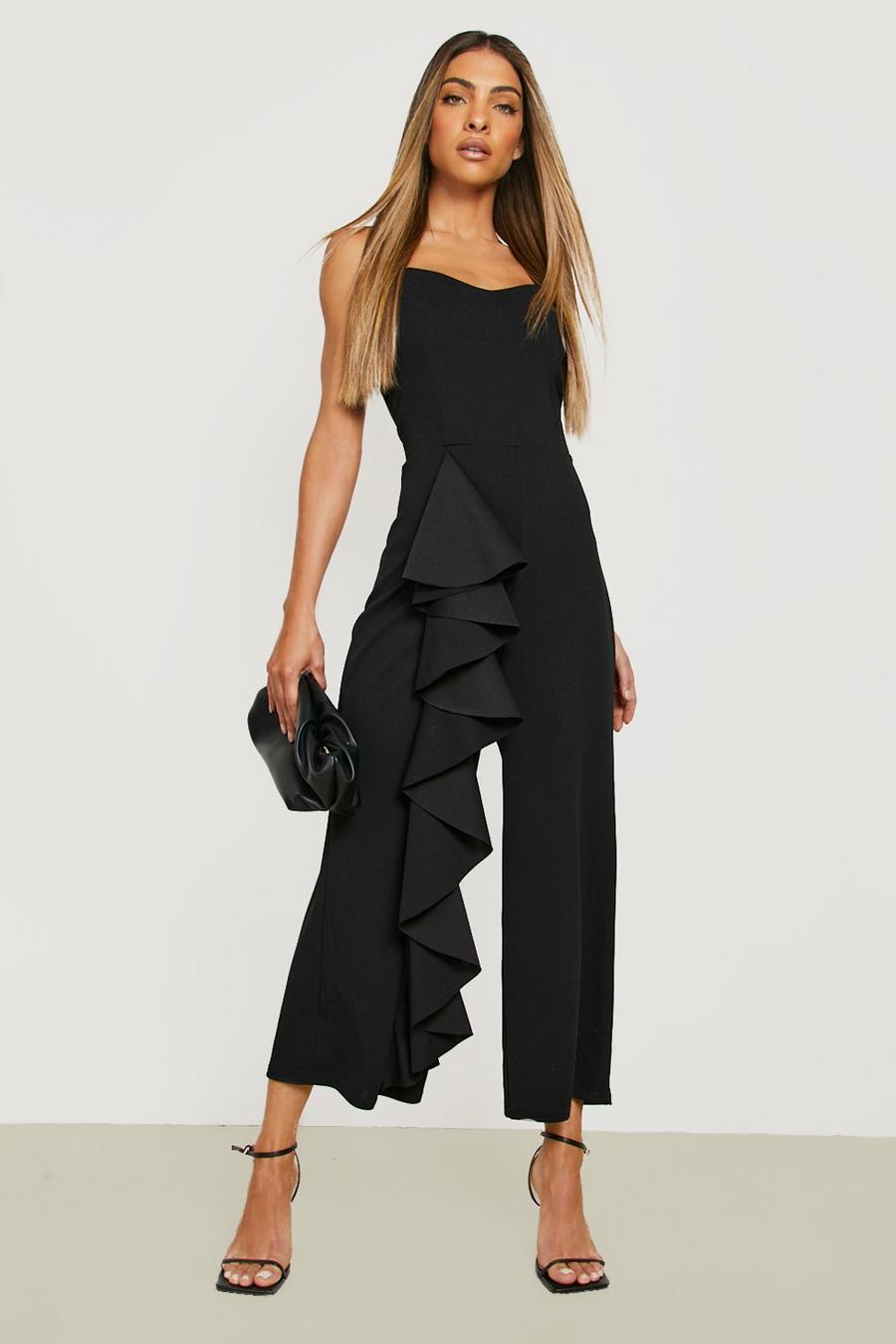 Black Strappy Frill Detail Culotte Jumpsuit image number 1