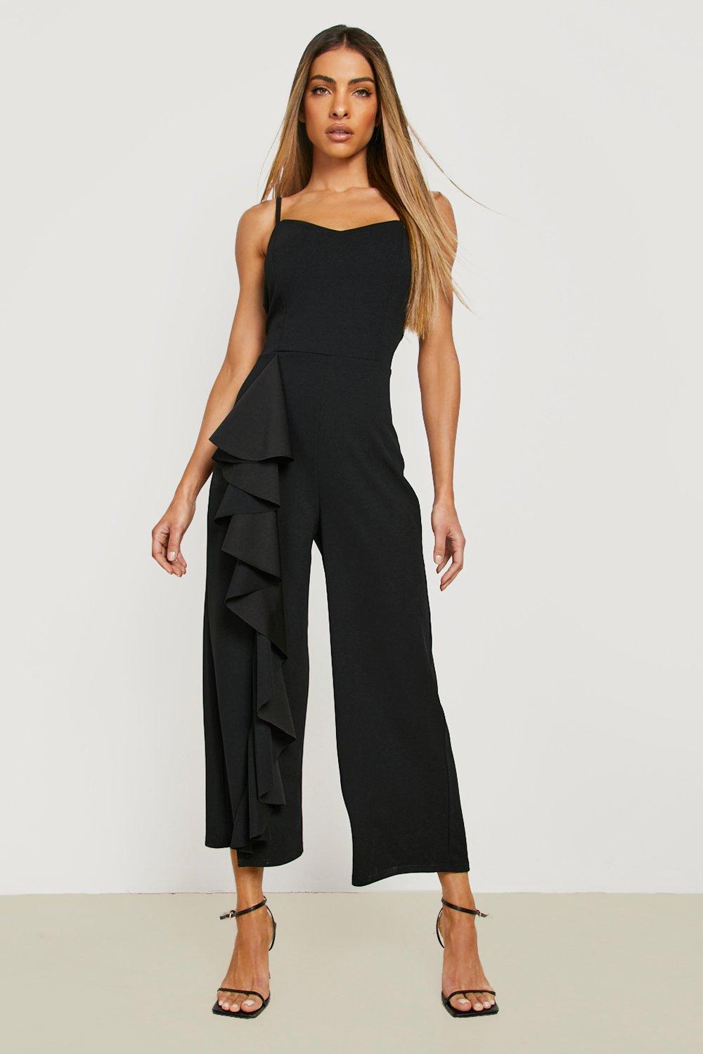 Black Belted Frill Culotte Jumpsuit, Womens Jumpsuits