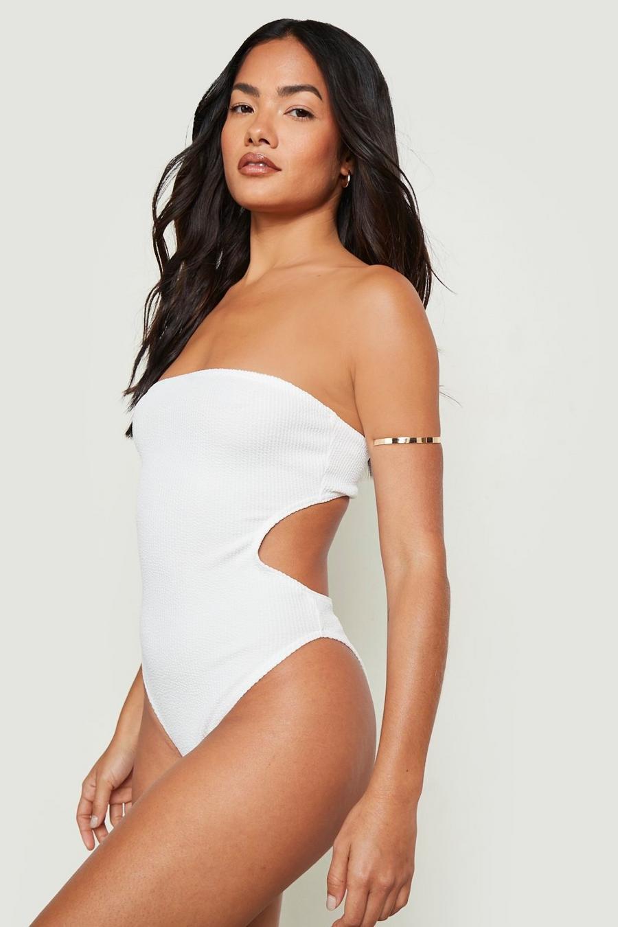 White Crinkle Bandeau Cut Out Swimsuit image number 1