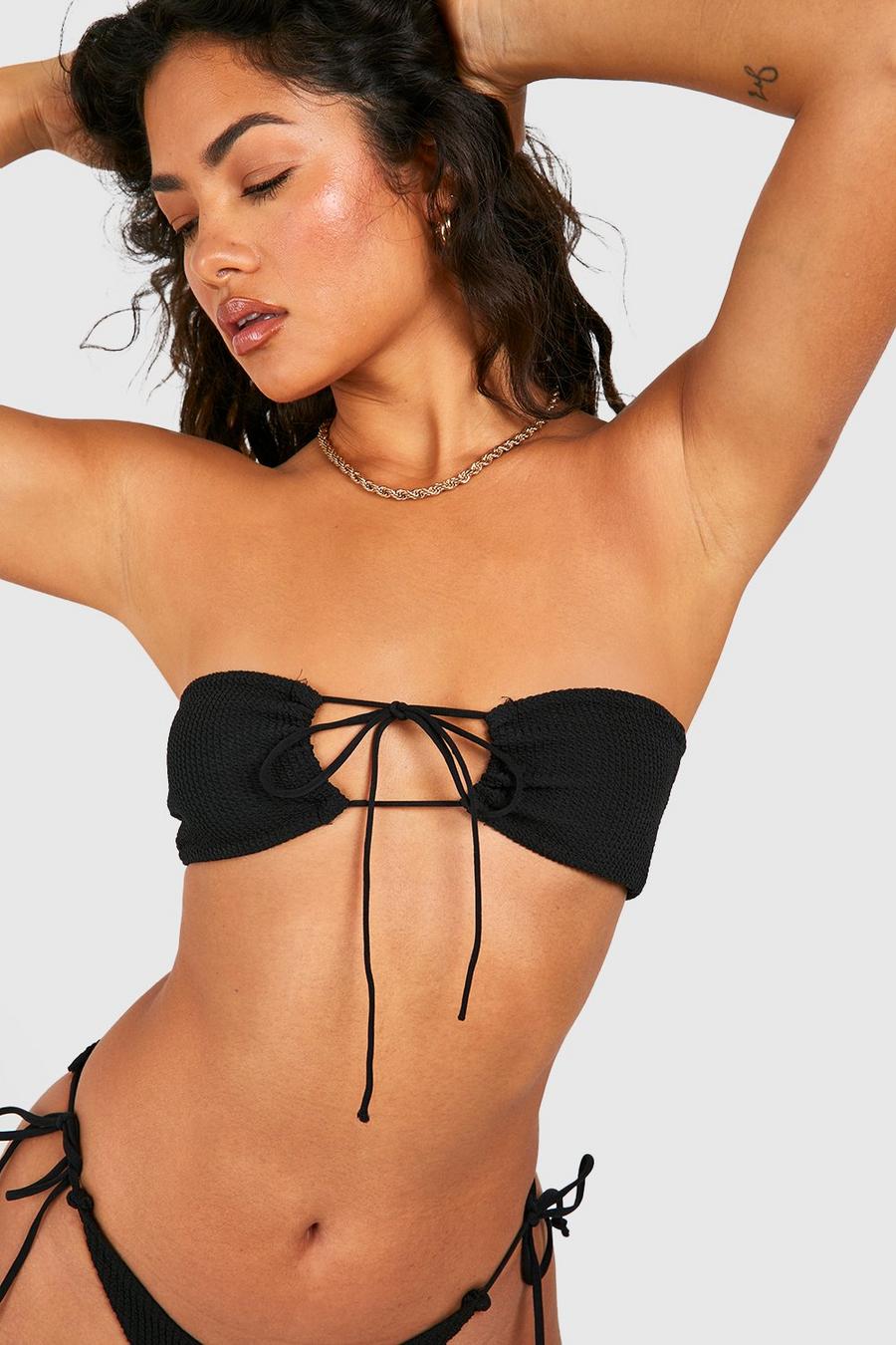 Top bikini a fascia effetto goffrato con spalline sottili, Black nero