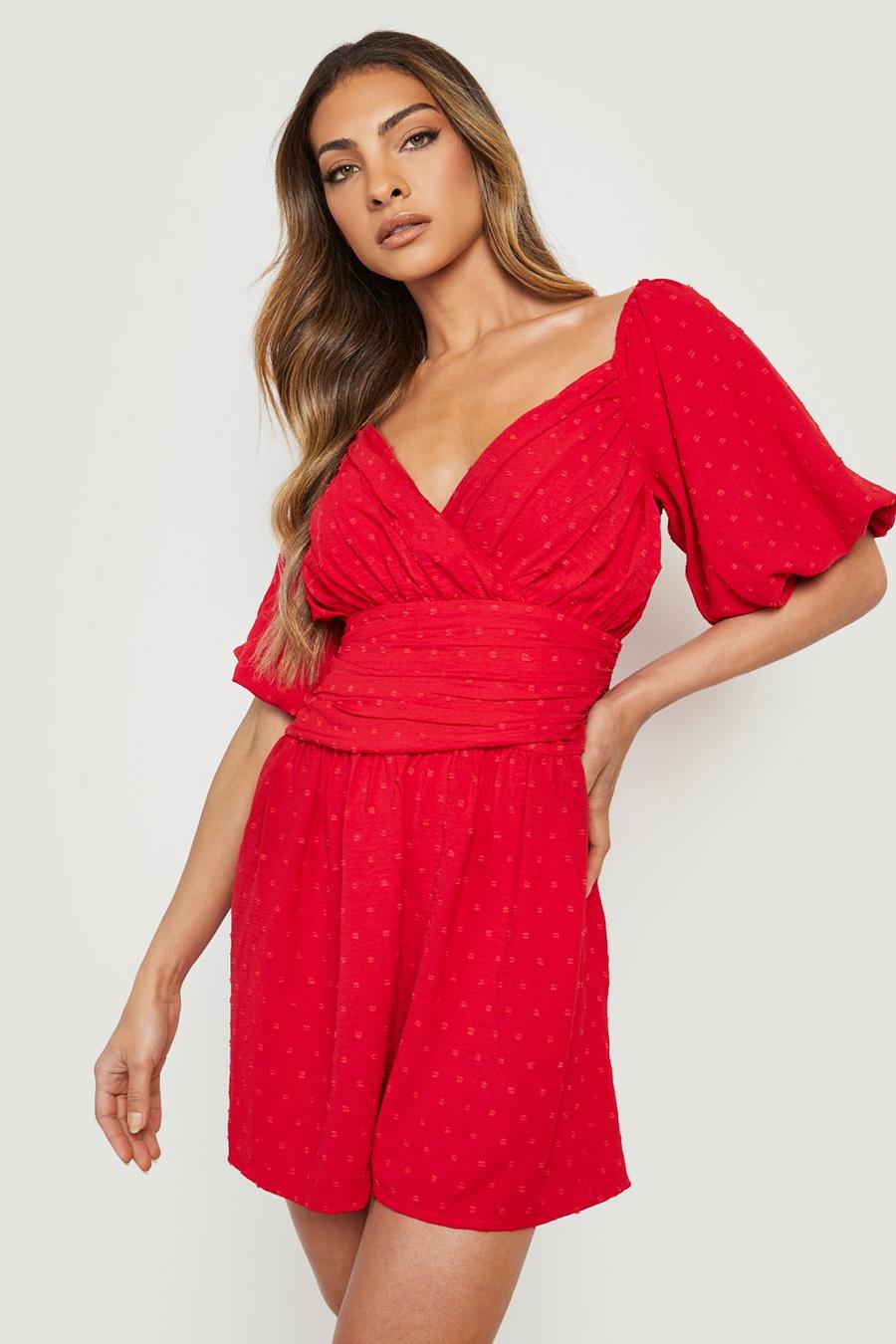 Red Dobby Mesh Puff Sleeve Playsuit image number 1